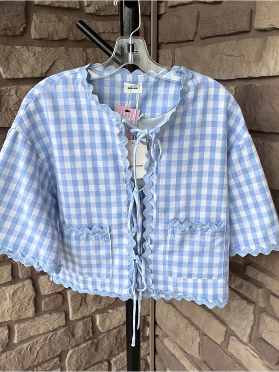 AUREUM Tops - AUREUM Light Blue Gingham Tie-Front Cropped Top